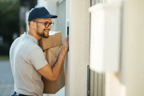 Young happy deliverer with packages - Rent Mailbox UK